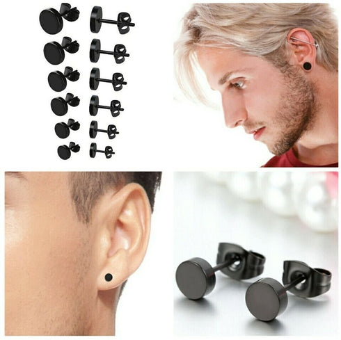 6Pairs 316L Surgical Steel Black Flat Round 3/4/5/6/7/8mm Men Women Stud Earring